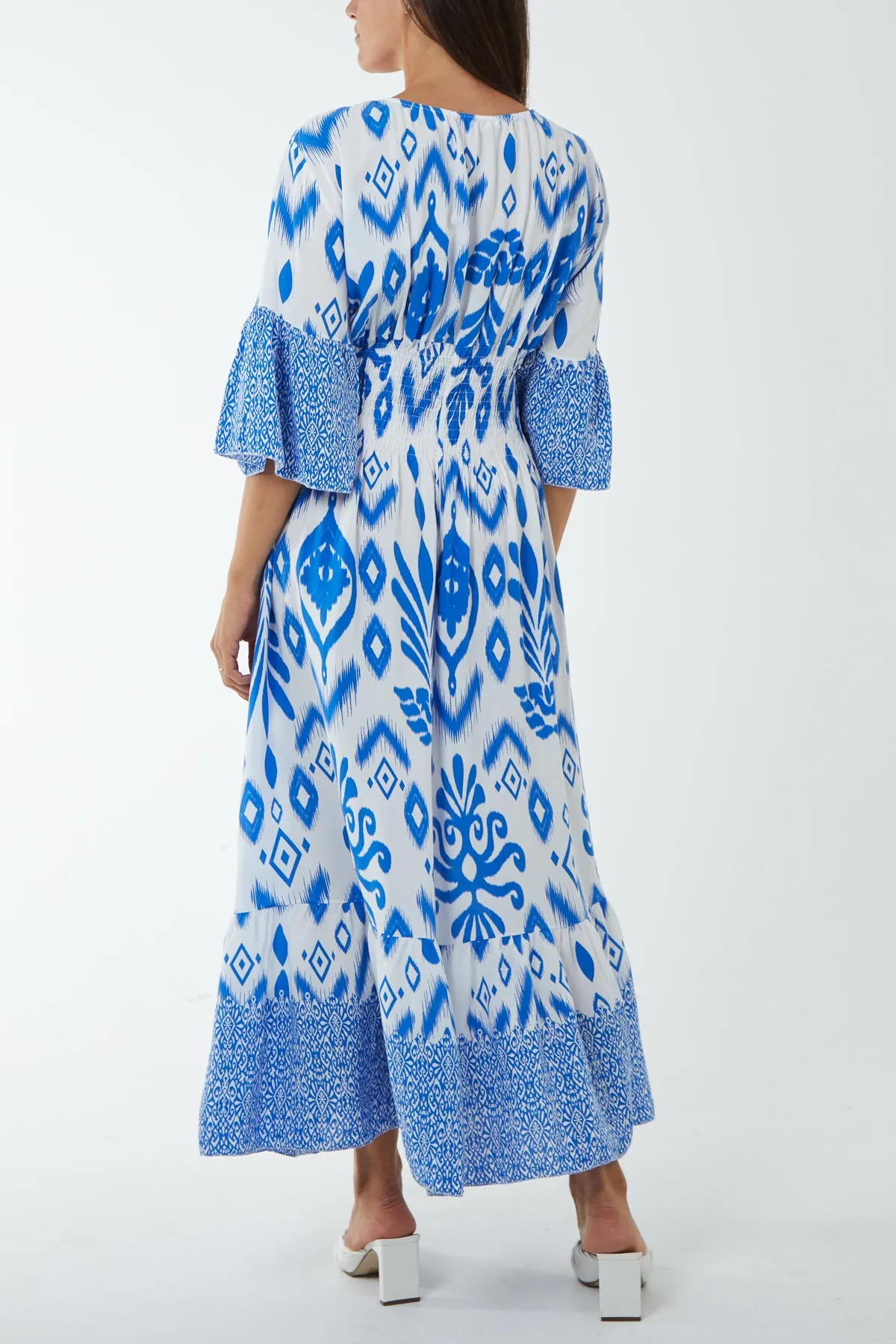 Geometric Print Shirred Bodice Maxi Dres