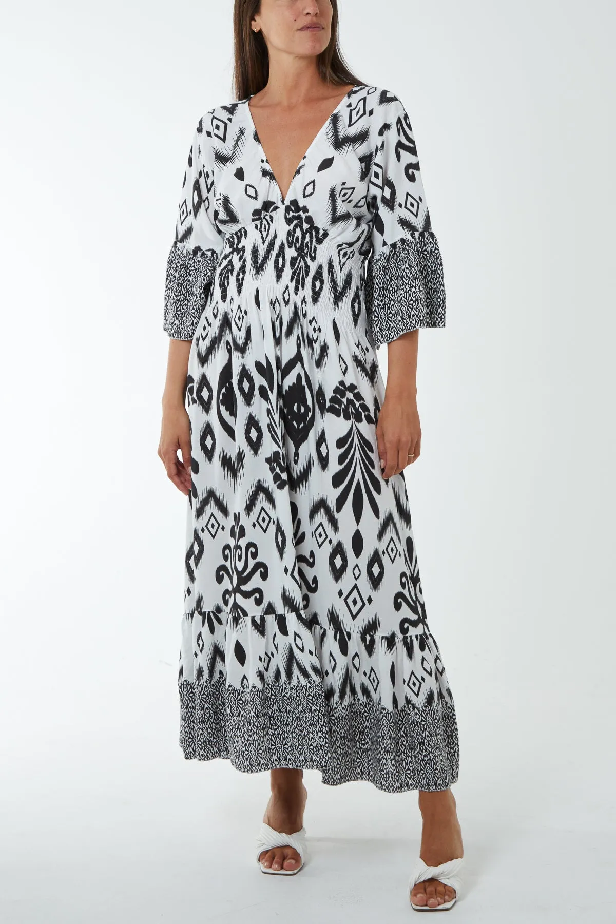 Geometric Print Shirred Bodice Maxi Dres