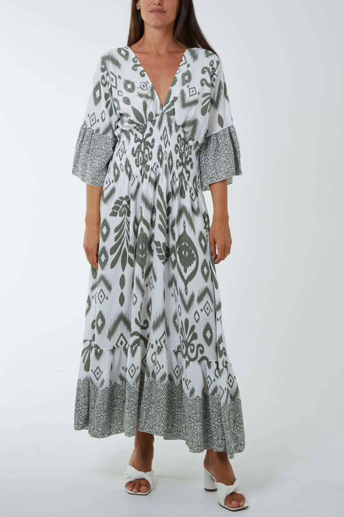 Geometric Print Shirred Bodice Maxi Dres