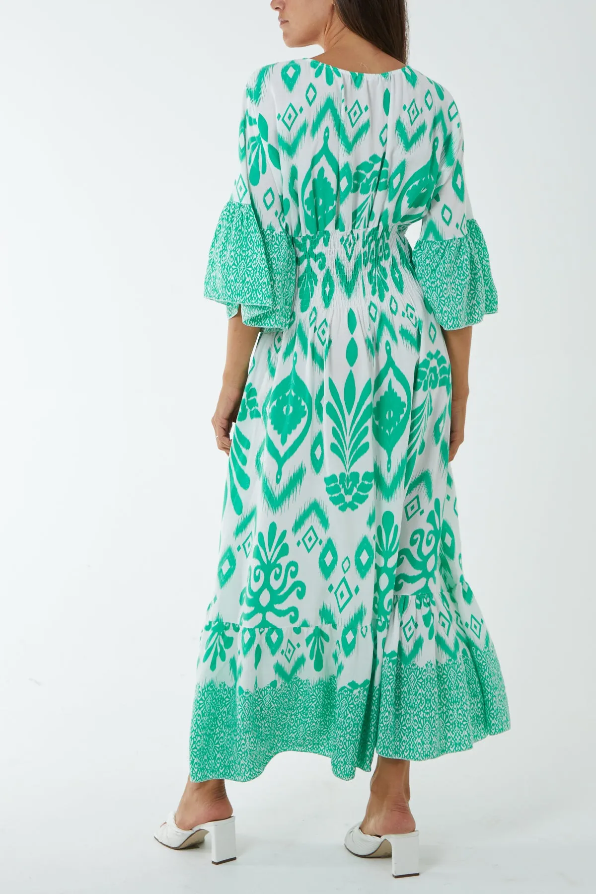 Geometric Print Shirred Bodice Maxi Dres