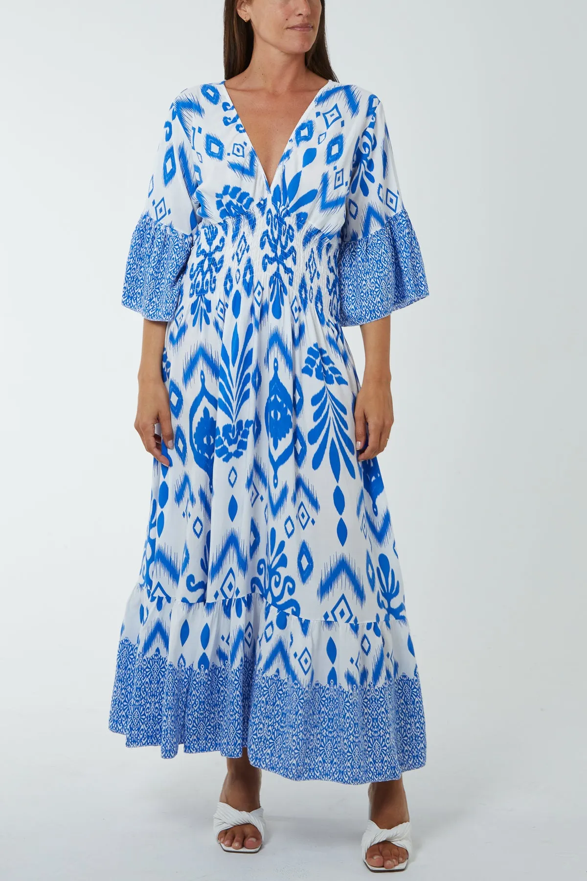 Geometric Print Shirred Bodice Maxi Dres