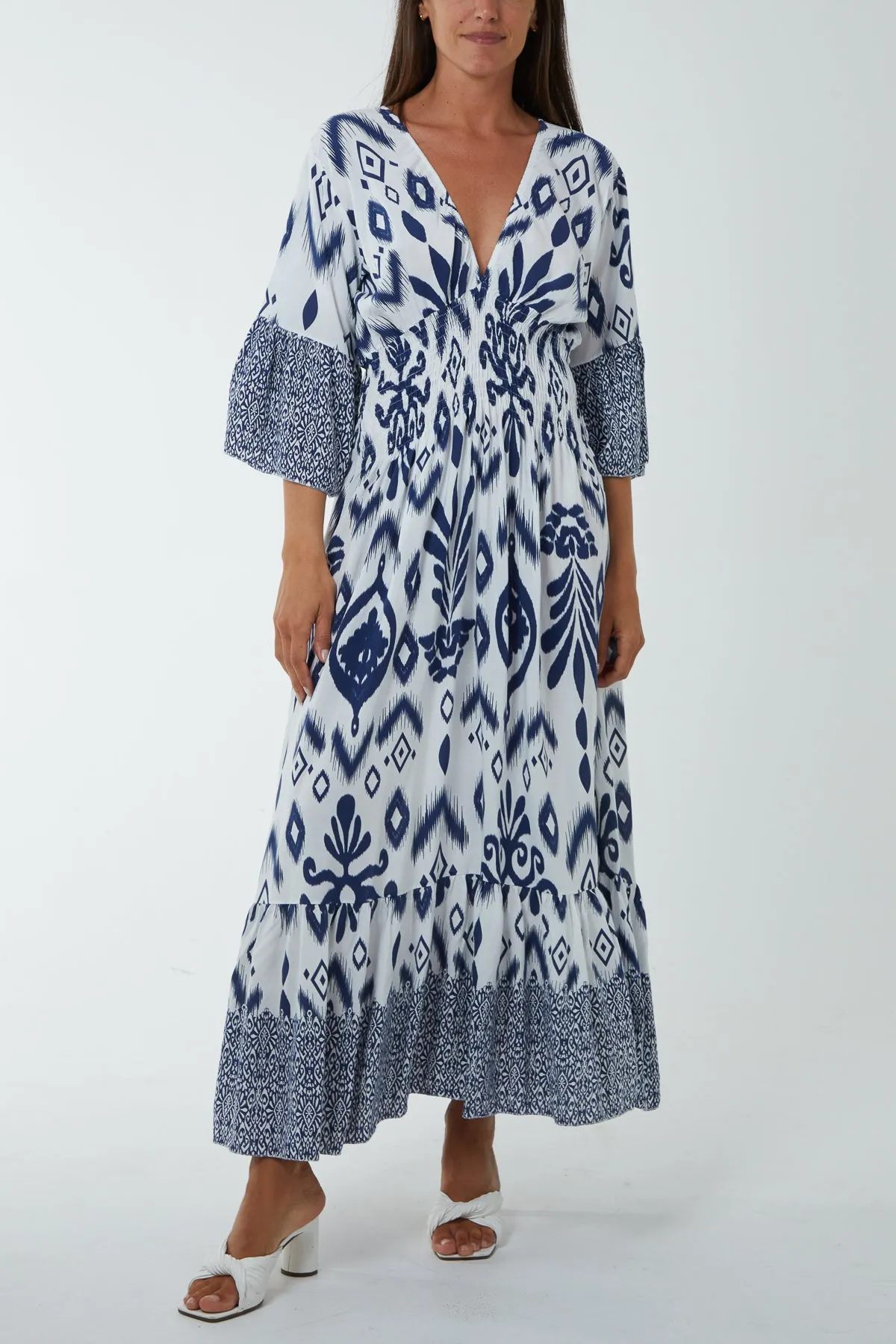 Geometric Print Shirred Bodice Maxi Dres