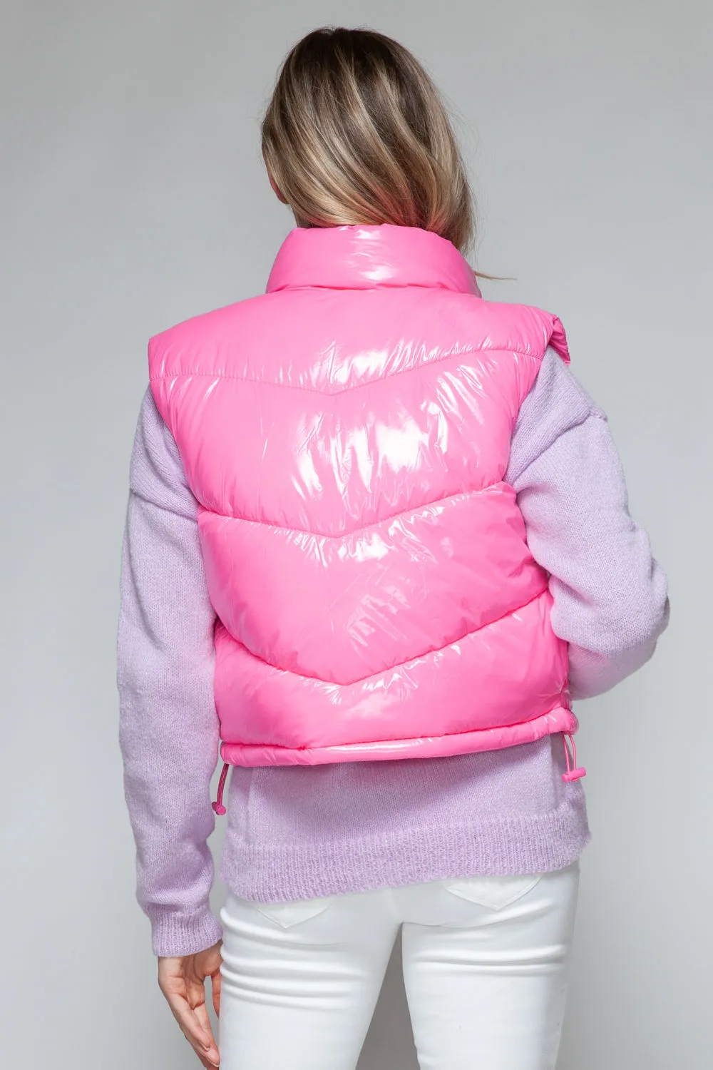Hot Pink Zip Up Turtleneck Shiny Quilted Vest