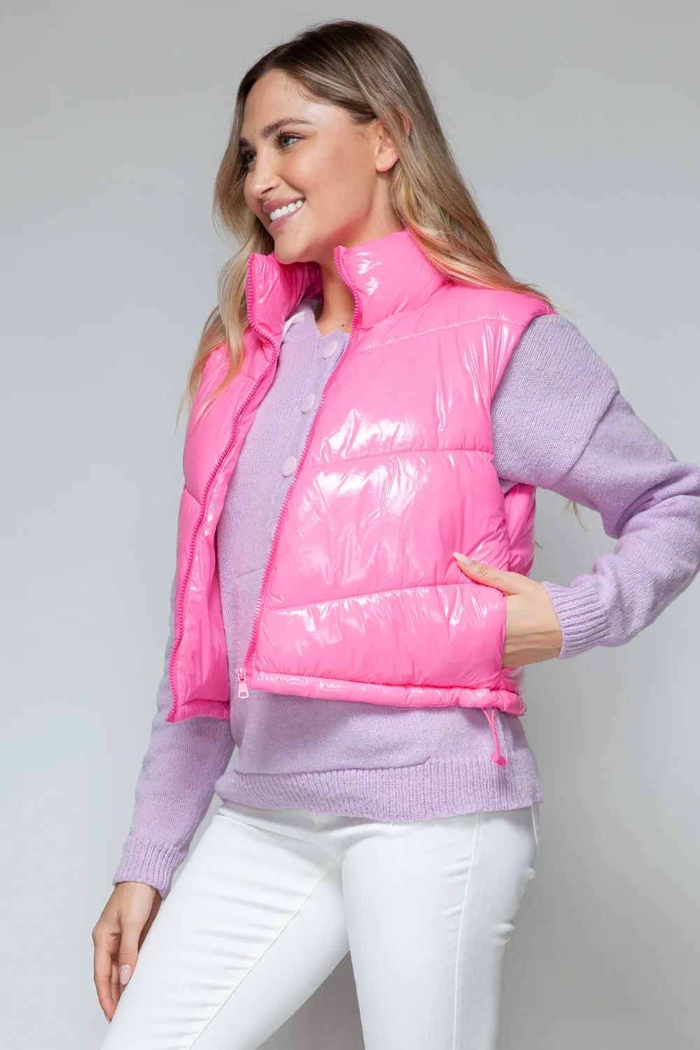 Hot Pink Zip Up Turtleneck Shiny Quilted Vest
