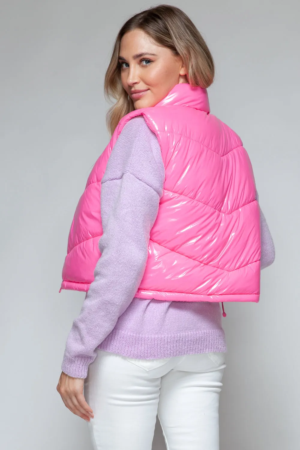 Hot Pink Zip Up Turtleneck Shiny Quilted Vest
