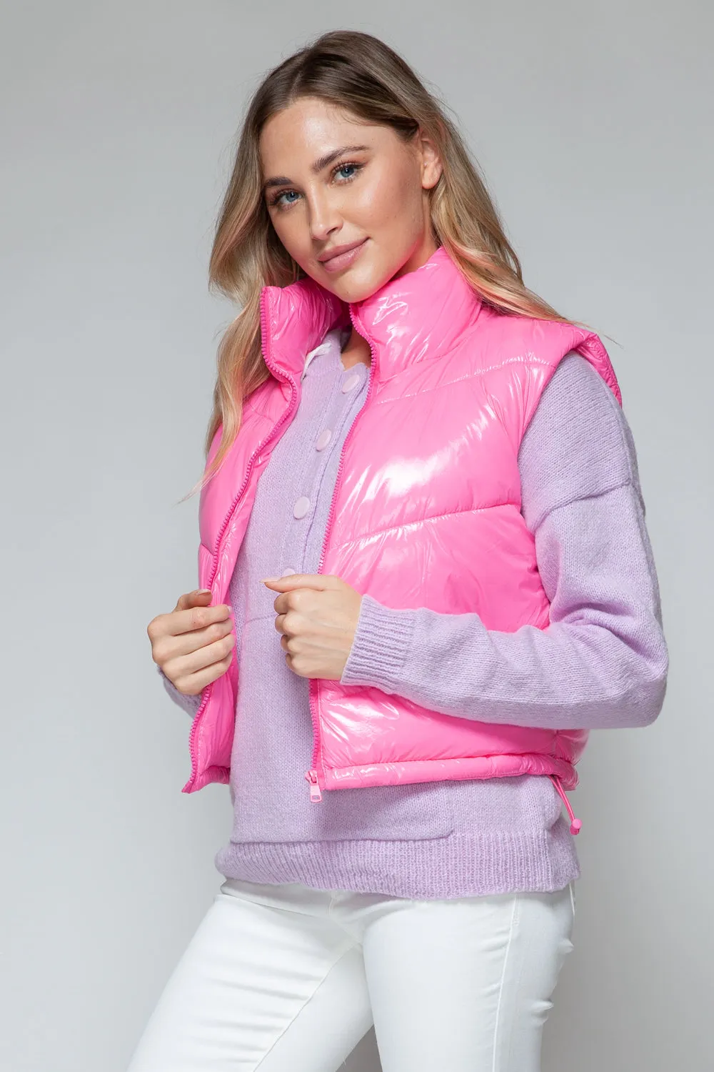 Hot Pink Zip Up Turtleneck Shiny Quilted Vest
