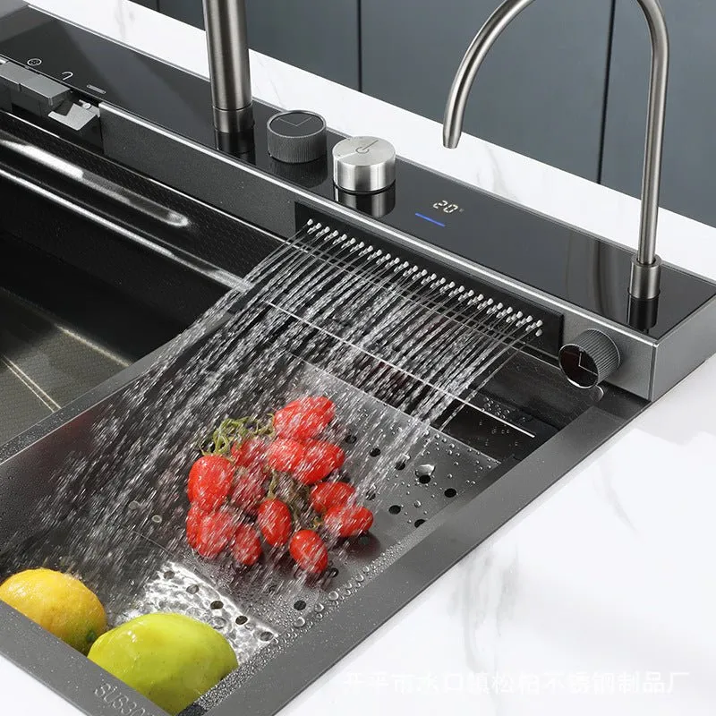 Integrated Waterfall Kitchen Sink Honeycomb Technology Large Digitial Display Stainless Steel Water Filter Cup Washer