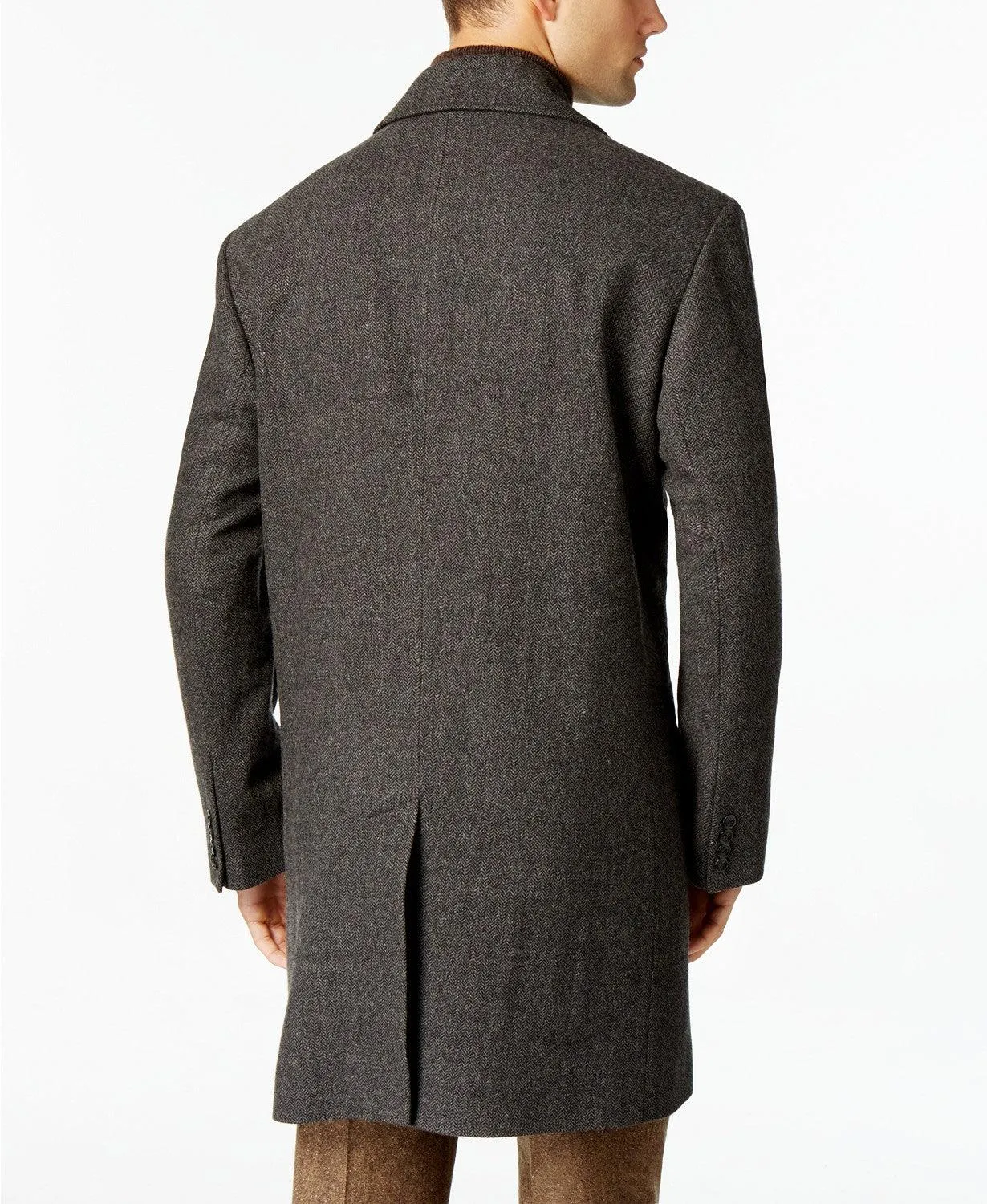 London Fog Mens Classic Fit Overcoat Coat 48R Charcoal Grey Herringbone