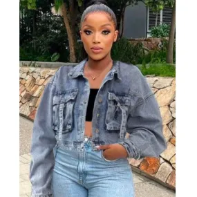 Long Sleeve Cropped Raw Dark Hem Denim Jacket