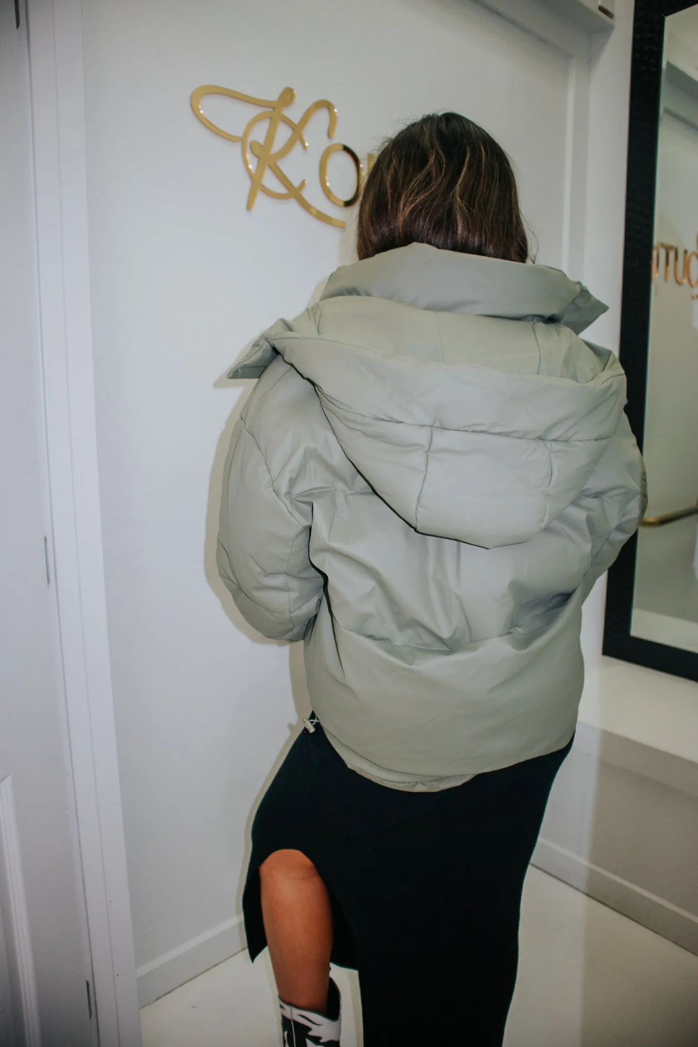 Matte Sage Faux Leather Hooded Puffer Jacket