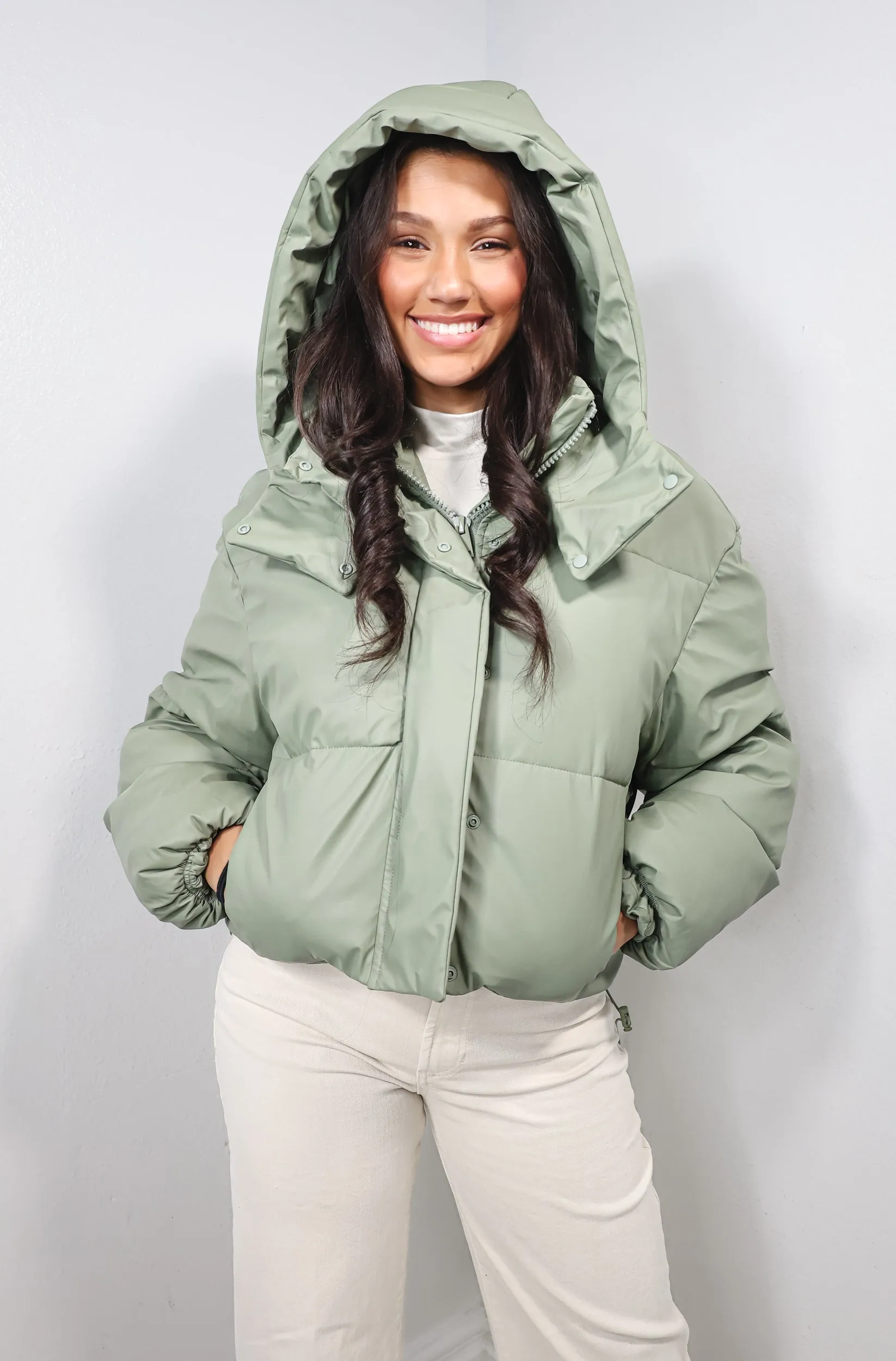 Matte Sage Faux Leather Hooded Puffer Jacket