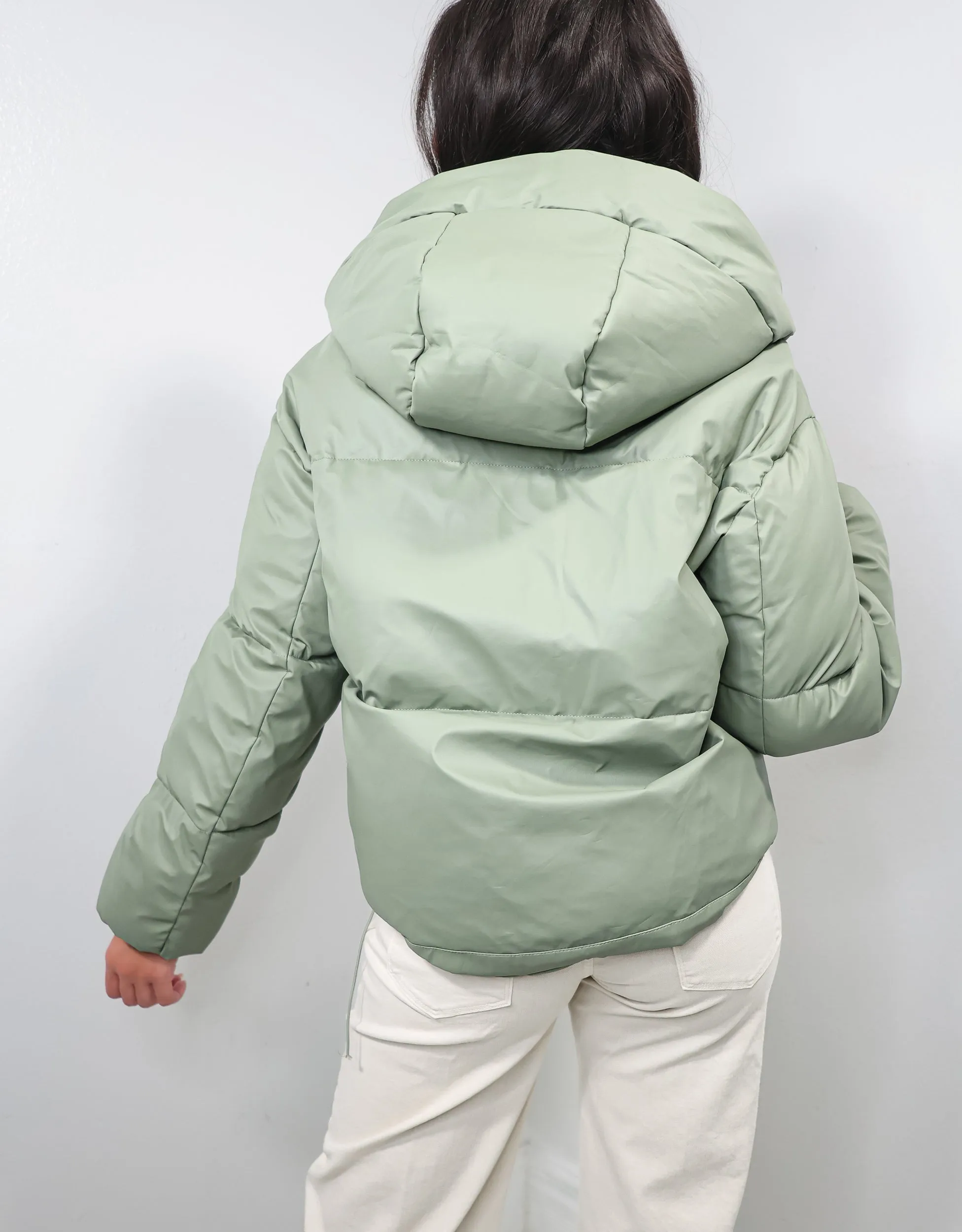 Matte Sage Faux Leather Hooded Puffer Jacket