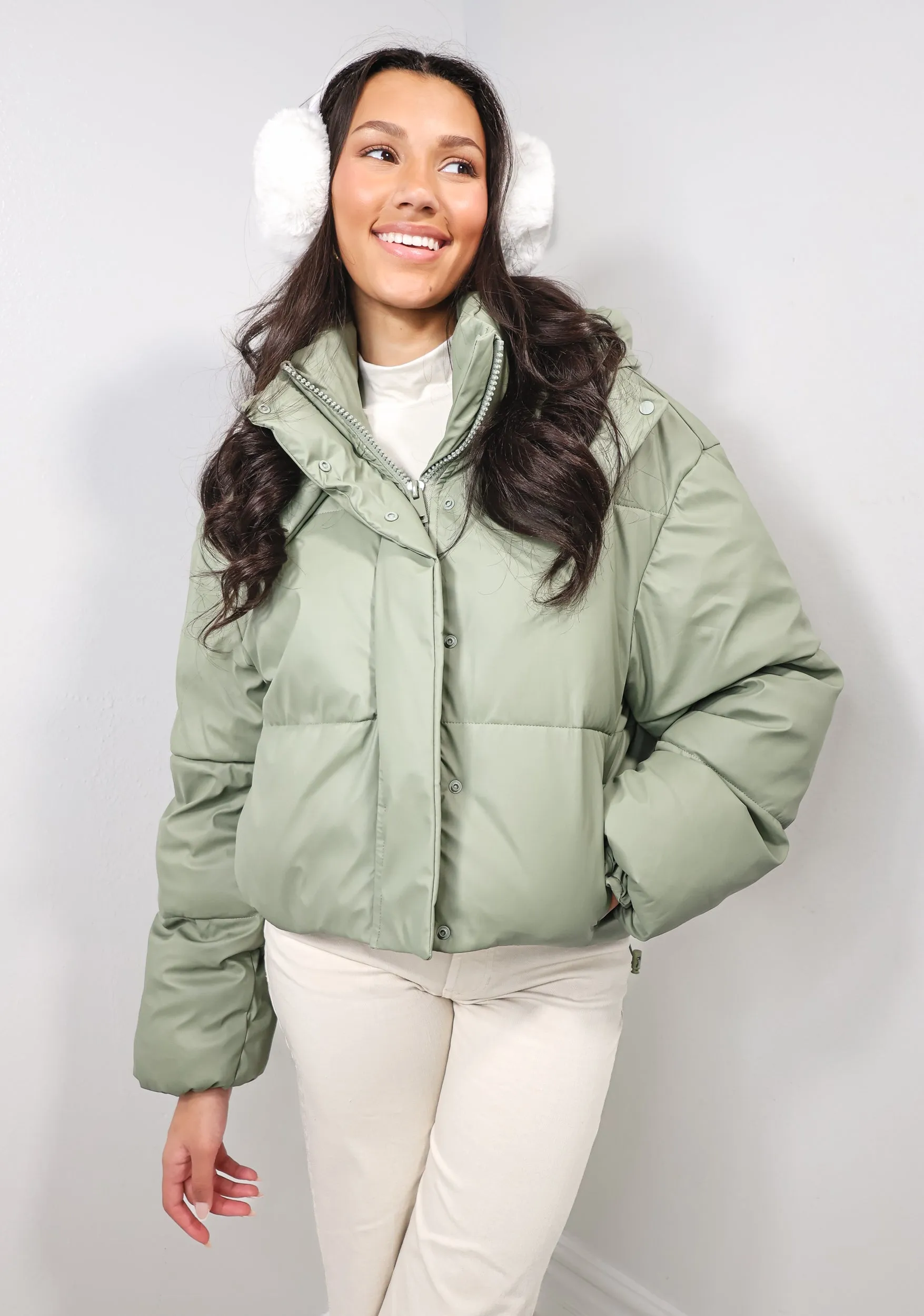 Matte Sage Faux Leather Hooded Puffer Jacket
