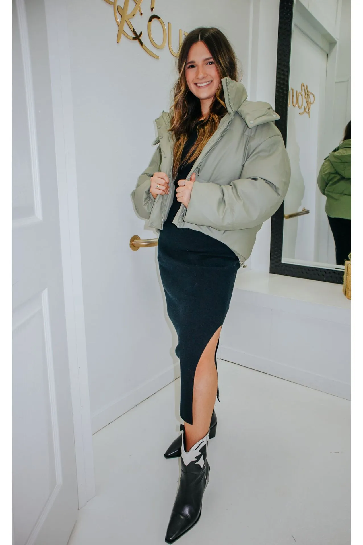 Matte Sage Faux Leather Hooded Puffer Jacket