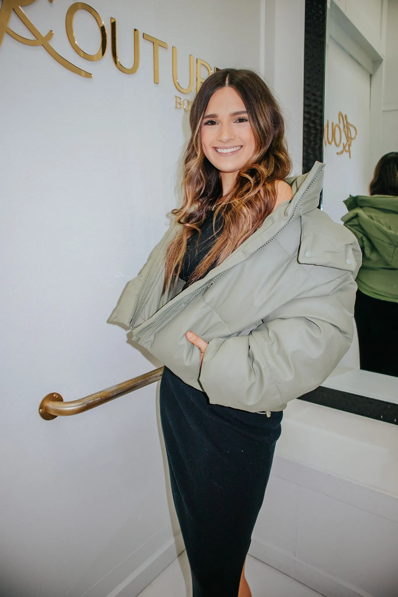 Matte Sage Faux Leather Hooded Puffer Jacket