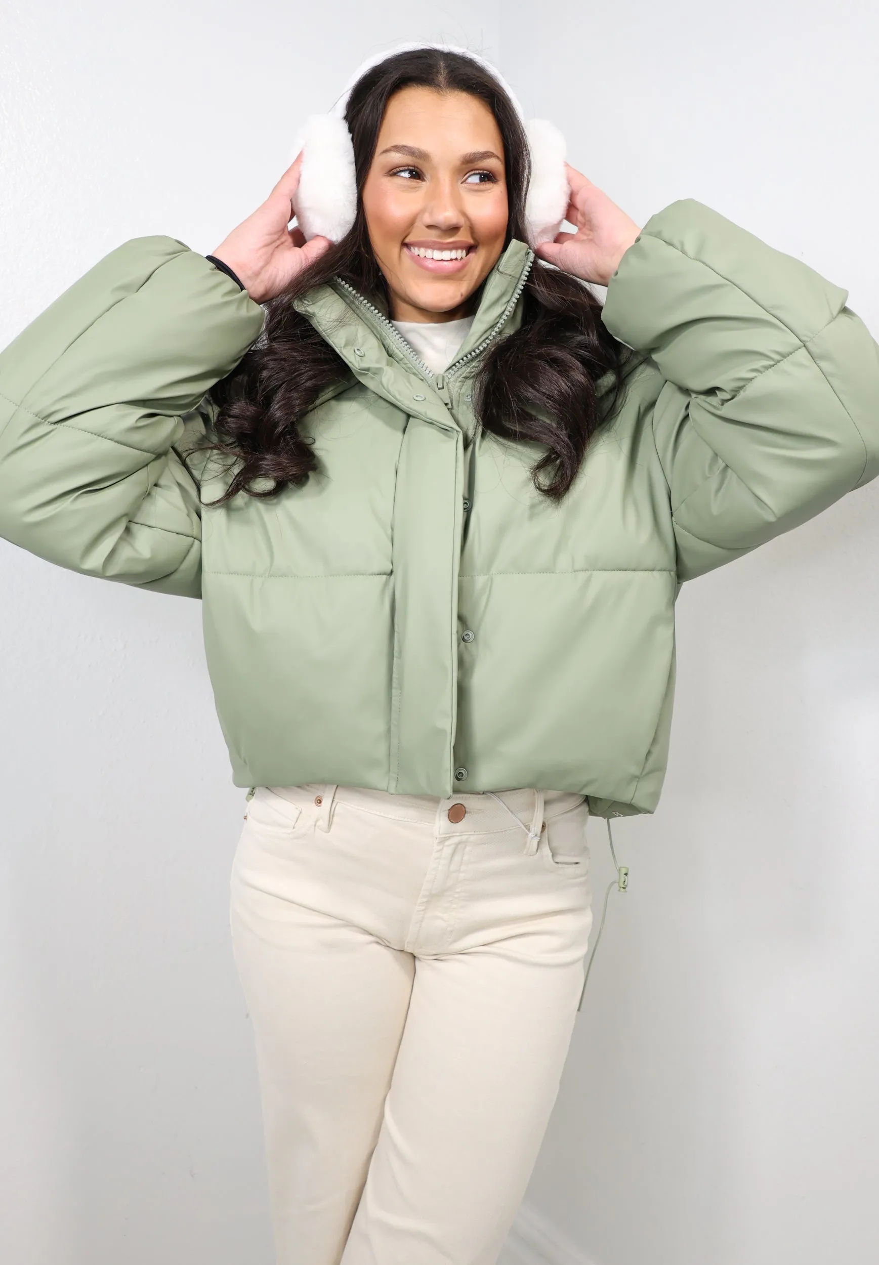 Matte Sage Faux Leather Hooded Puffer Jacket