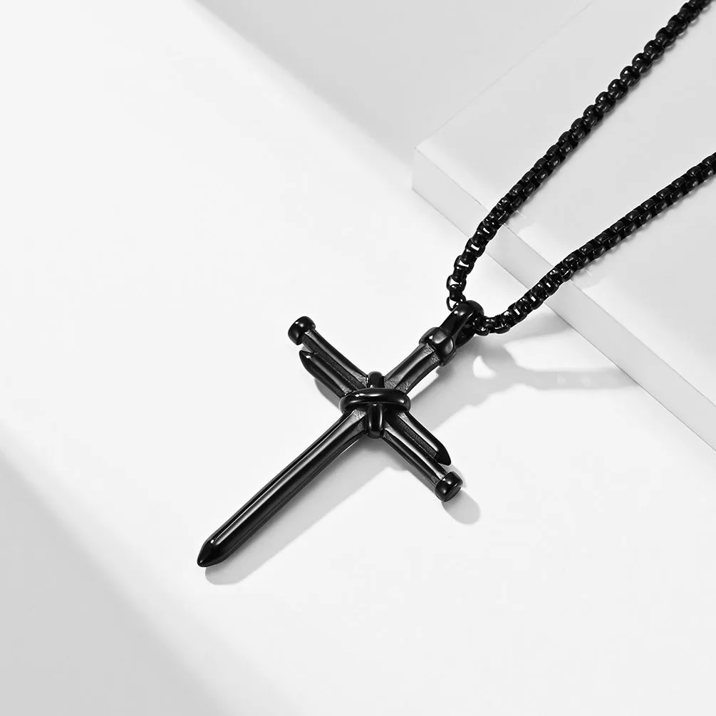 Men's Black Stainless Steel Three Nail Cross Pendant 24" Round Box Chain Necklace
