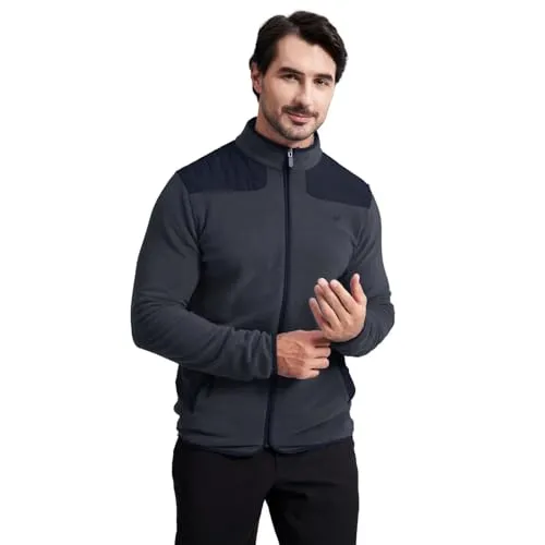 MICHEL ROUEN Mens Fleece Jacket Golf Lightweight Casual Sport Warm Mock Neck Kangaroo Pocket Polar Fleece Jacket Men Dark Grey
