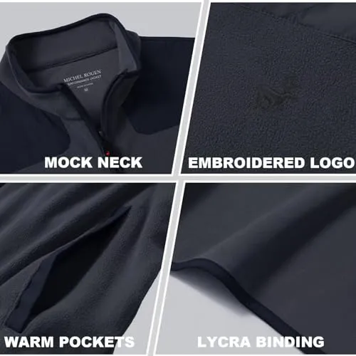 MICHEL ROUEN Mens Fleece Jacket Golf Lightweight Casual Sport Warm Mock Neck Kangaroo Pocket Polar Fleece Jacket Men Dark Grey