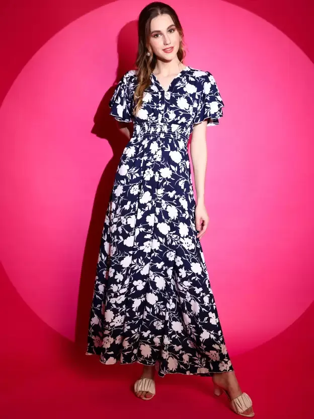 Midnight Blossom Fit and Flare Maxi Dress