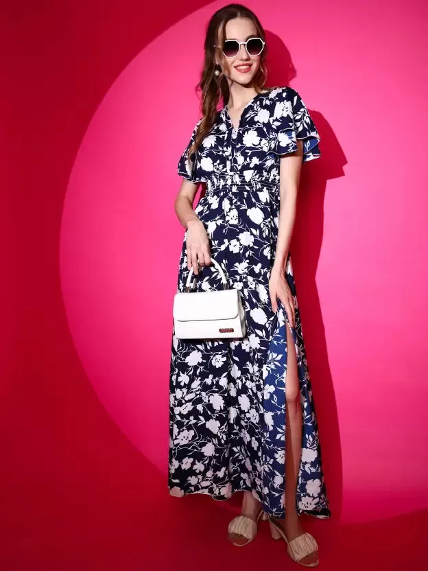 Midnight Blossom Fit and Flare Maxi Dress