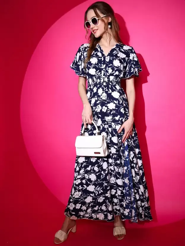 Midnight Blossom Fit and Flare Maxi Dress