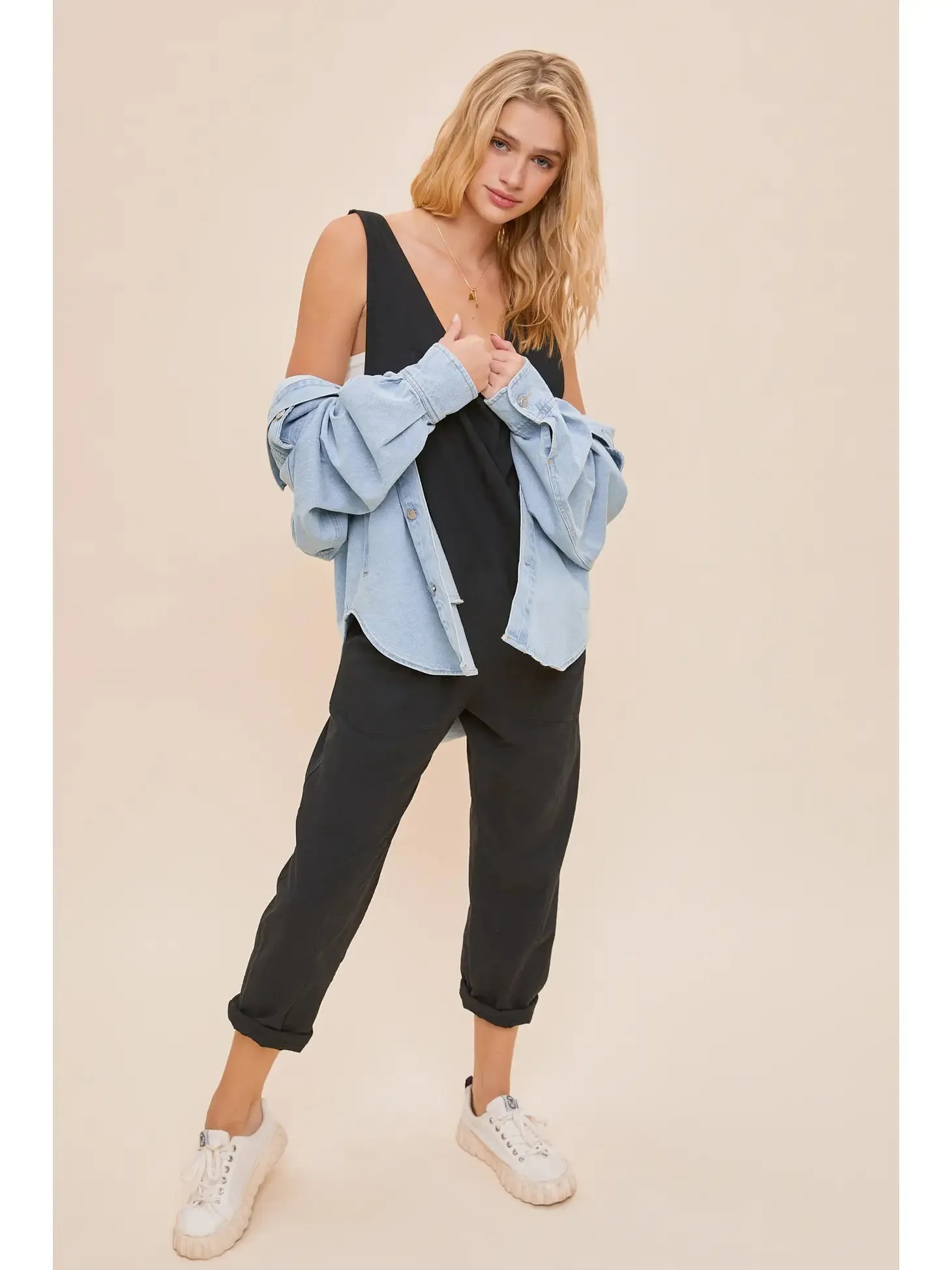 MS Black V-Neck Jumpsuit With Pockets