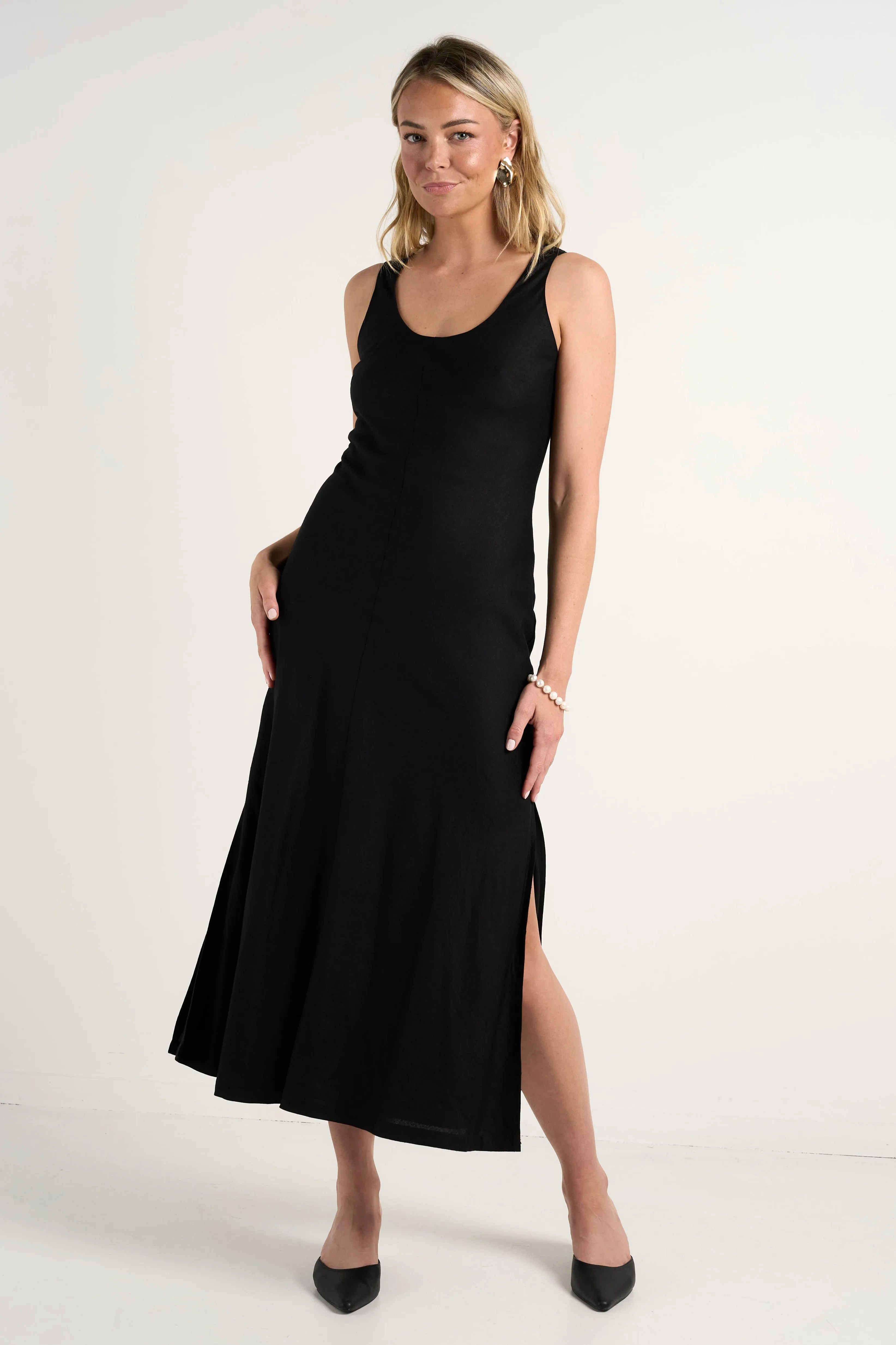 Nerve Black Sleeveless Scoop Neck Bias Maxi Dress