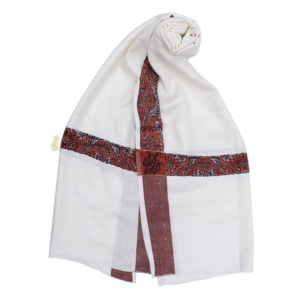 Off-White Habaib Yemeni Kashimiri Style Shawl Sorban Turban Dark Rust Brown Border Design