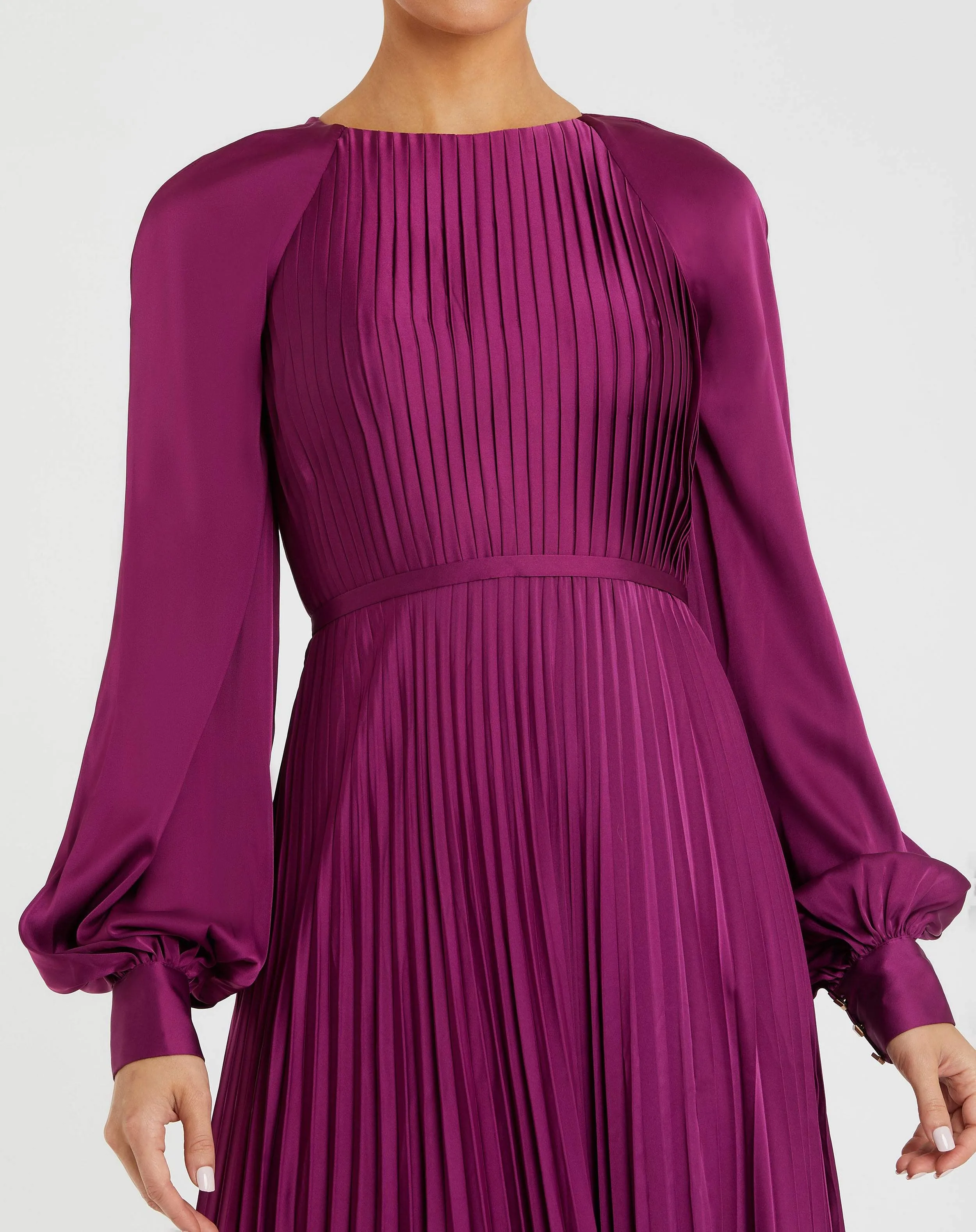 Pleated High Neck Raglan Long Sleeve Side Slit Gown