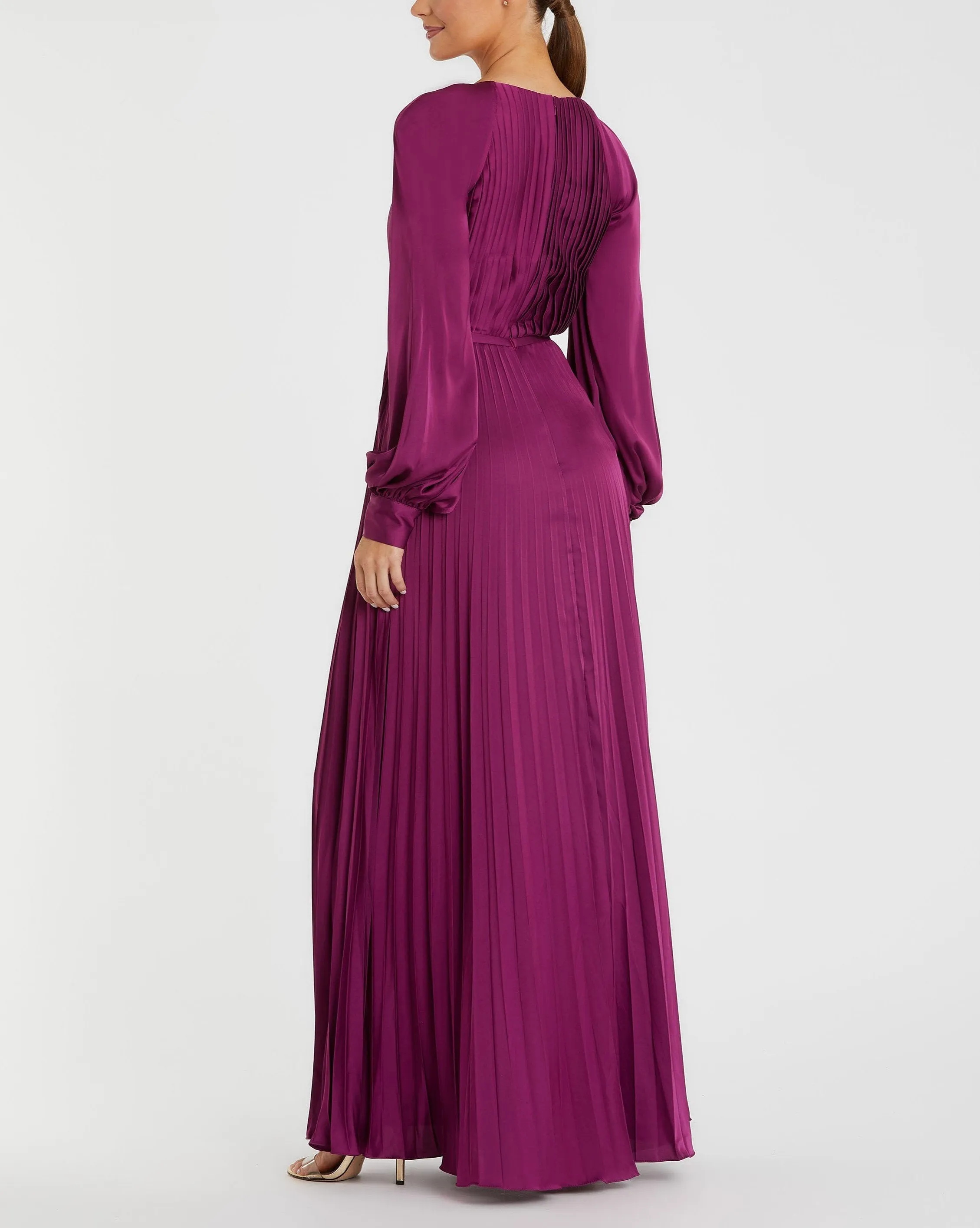 Pleated High Neck Raglan Long Sleeve Side Slit Gown