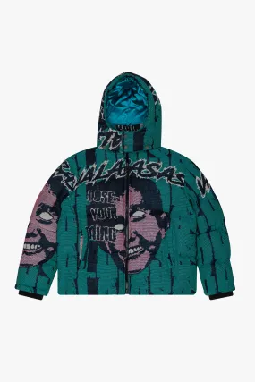"WARMTH OF WONDER" DEEP PEACOCK BLUE TAPESTRY PUFFER JACKET
