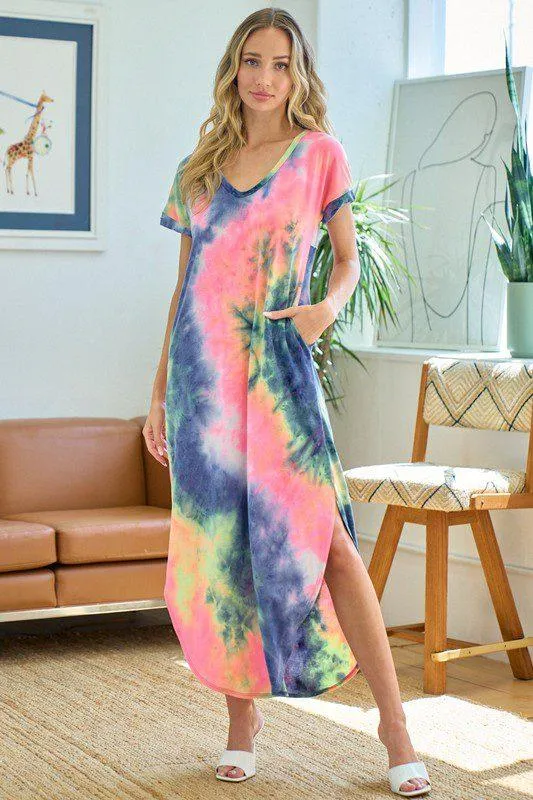 Rainbow Tie-Dye V-Neck Maxi Dress