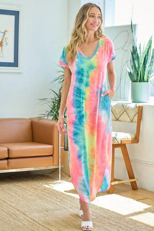 Rainbow Tie-Dye V-Neck Maxi Dress