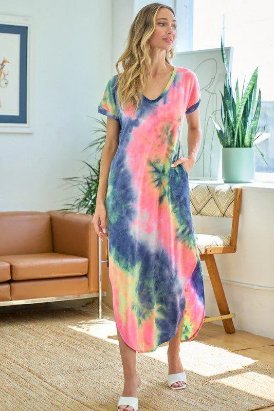 Rainbow Tie-Dye V-Neck Maxi Dress