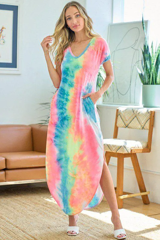 Rainbow Tie-Dye V-Neck Maxi Dress