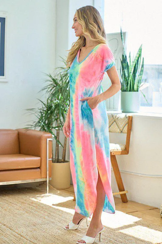 Rainbow Tie-Dye V-Neck Maxi Dress