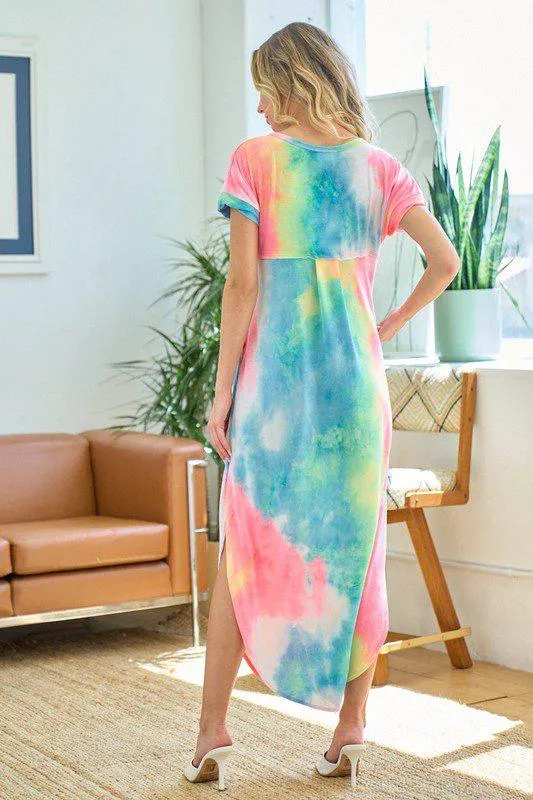 Rainbow Tie-Dye V-Neck Maxi Dress