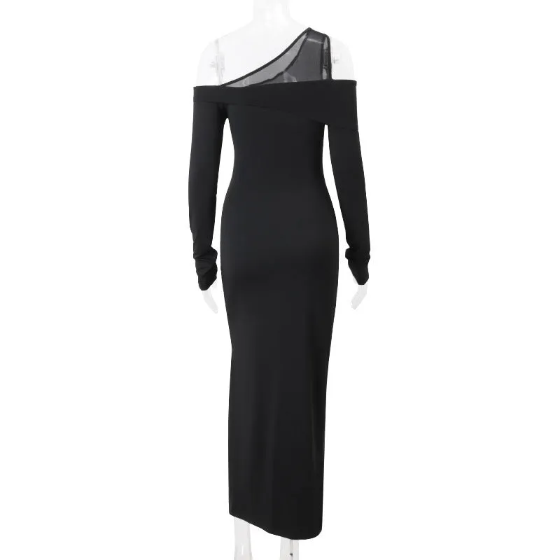 Rebecca Black Oblique Shoulder Split Maxi Dress