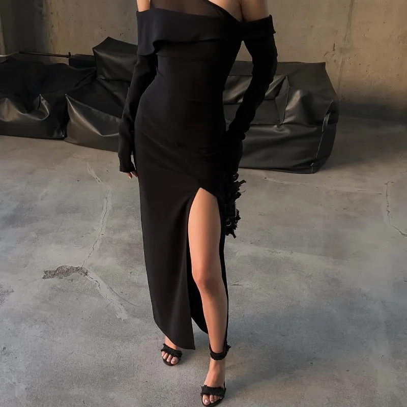 Rebecca Black Oblique Shoulder Split Maxi Dress