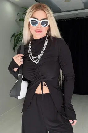 Ruched Drawstring Front Irregular Hem Long Sleeve Top