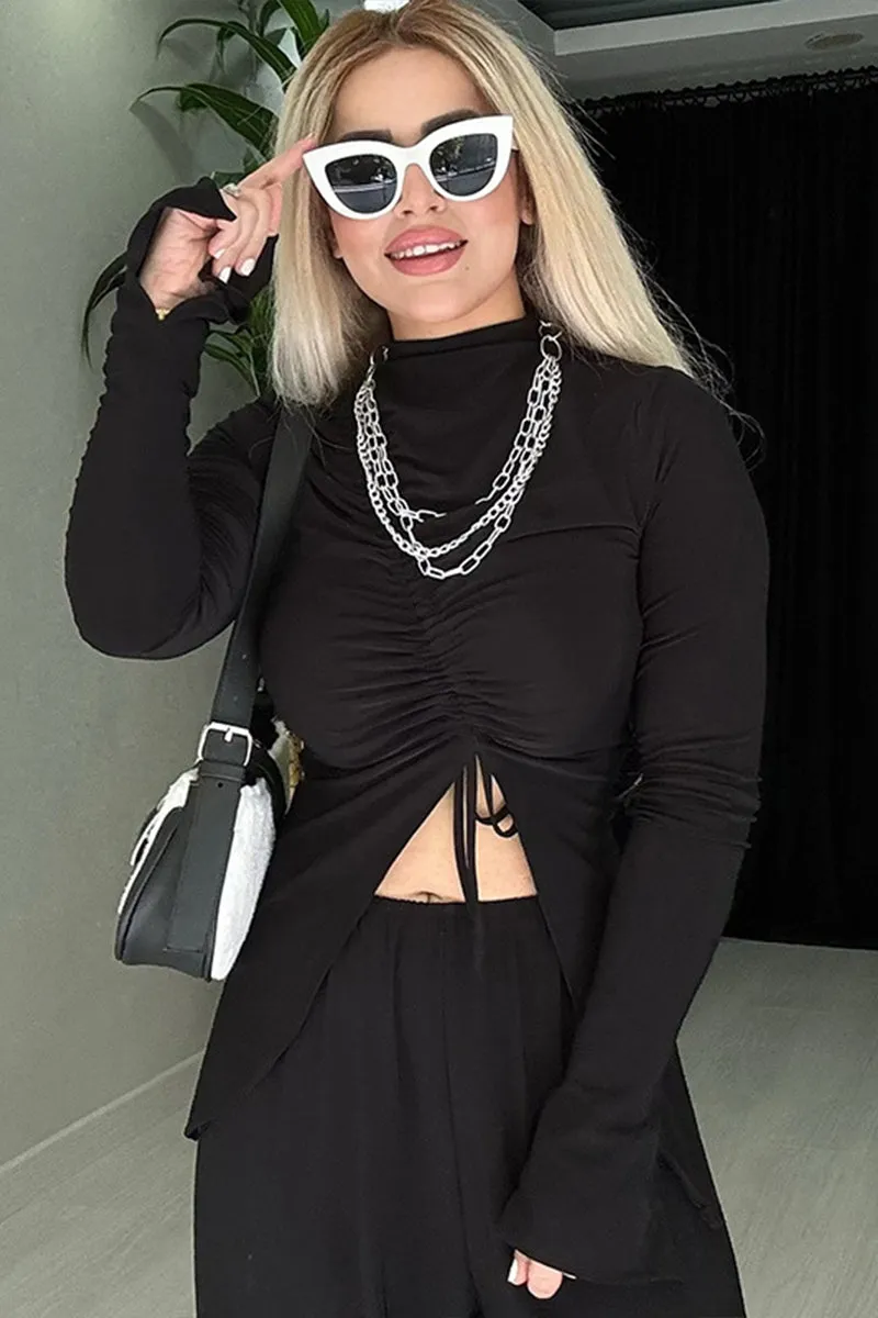 Ruched Drawstring Front Irregular Hem Long Sleeve Top