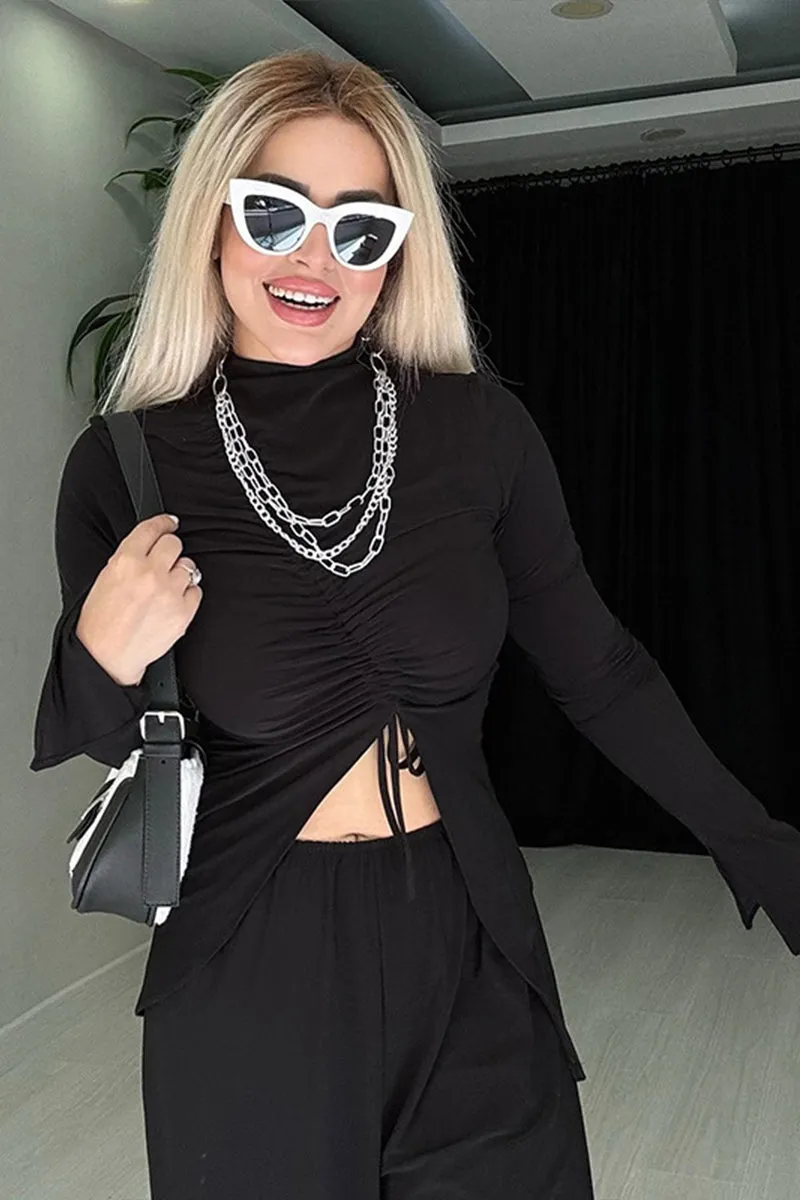Ruched Drawstring Front Irregular Hem Long Sleeve Top