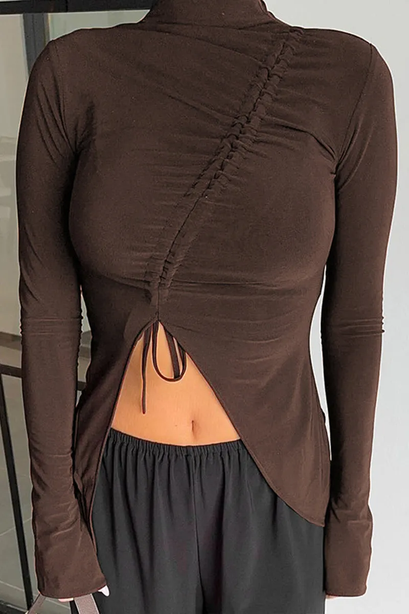 Ruched Drawstring Front Irregular Hem Long Sleeve Top