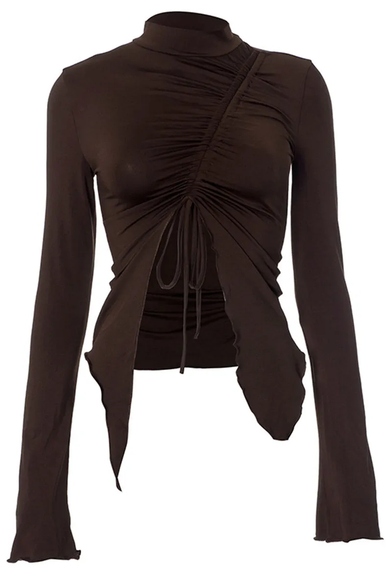 Ruched Drawstring Front Irregular Hem Long Sleeve Top