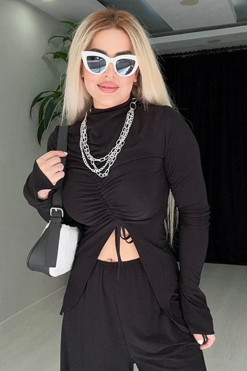 Ruched Drawstring Front Irregular Hem Long Sleeve Top