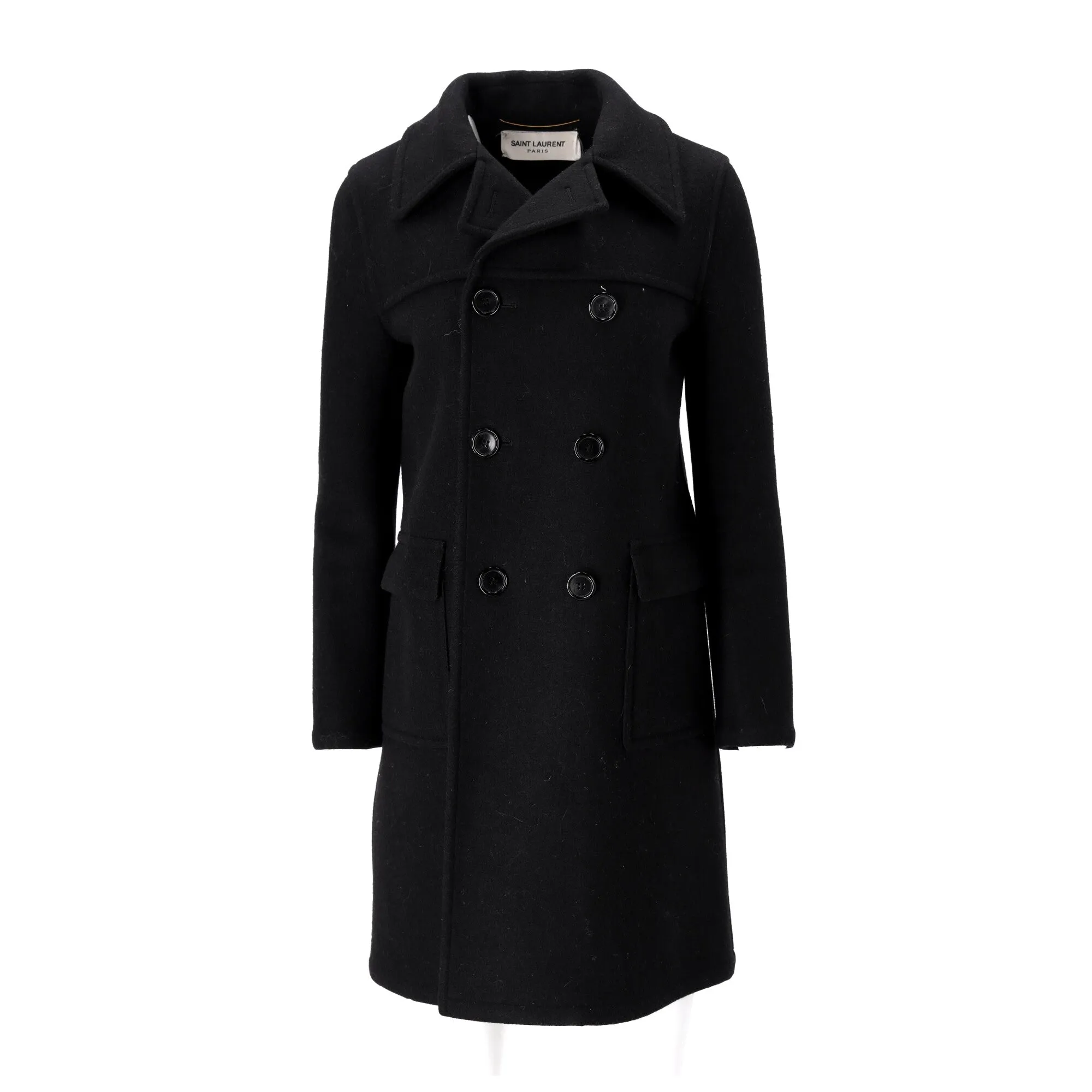 Saint Laurent Double-Breasted Coat in Black Wool