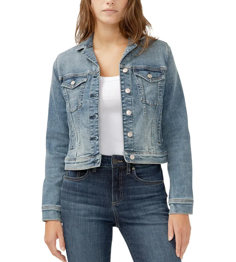 Silver Jeans Women's Notched Crop Jean Jacket - Medium Light Indigo Wash