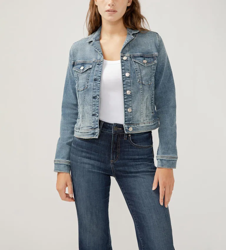 Silver Jeans Women's Notched Crop Jean Jacket - Medium Light Indigo Wash