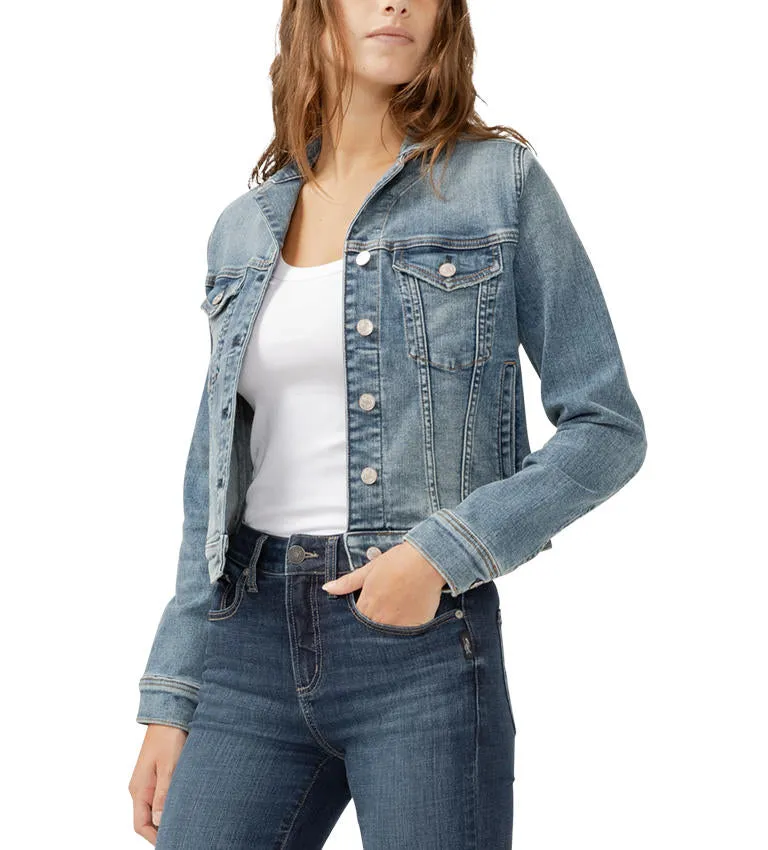 Silver Jeans Women's Notched Crop Jean Jacket - Medium Light Indigo Wash